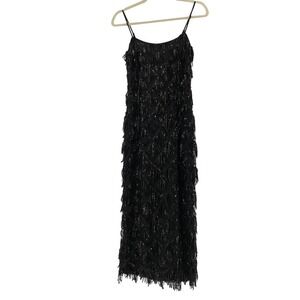 Endless Rose Black Sequin Fringe Diamond Mesh Midi Dress Small Adjustable Straps